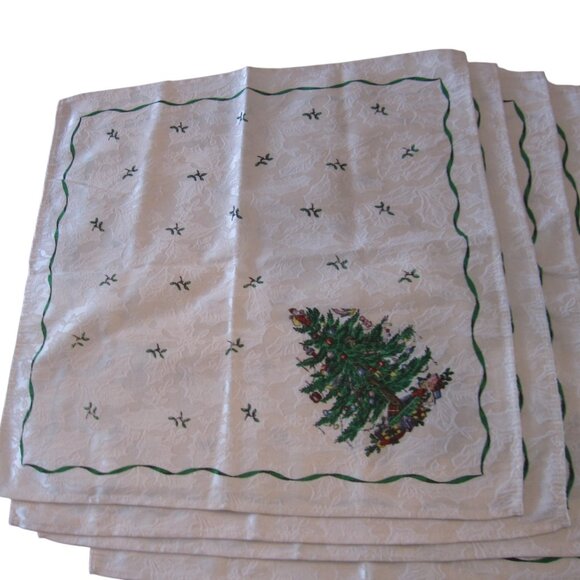 Spode Christmas Tree Damask Ivory Cloth Dinner Napkins Set of 4 Santa Green Red - Picture 5 of 6